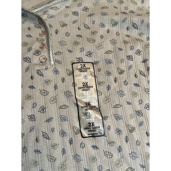 Vintage Basic Editions Beige Leaf Print Cotton Long Sleeve Henley Top 2X NWT - Picture 7 of 7
